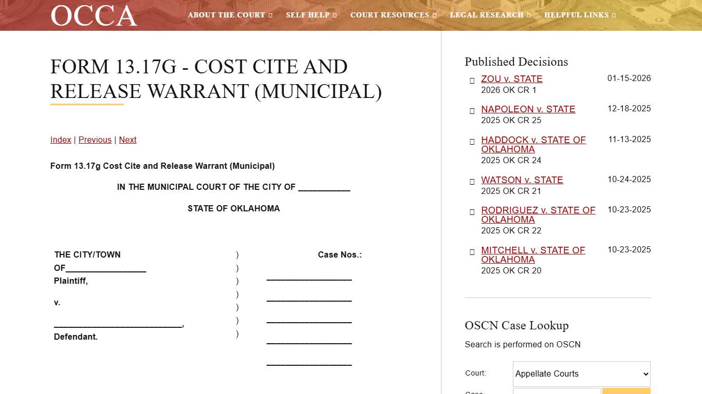 Cost Cite and Release Warrant (Municipal)