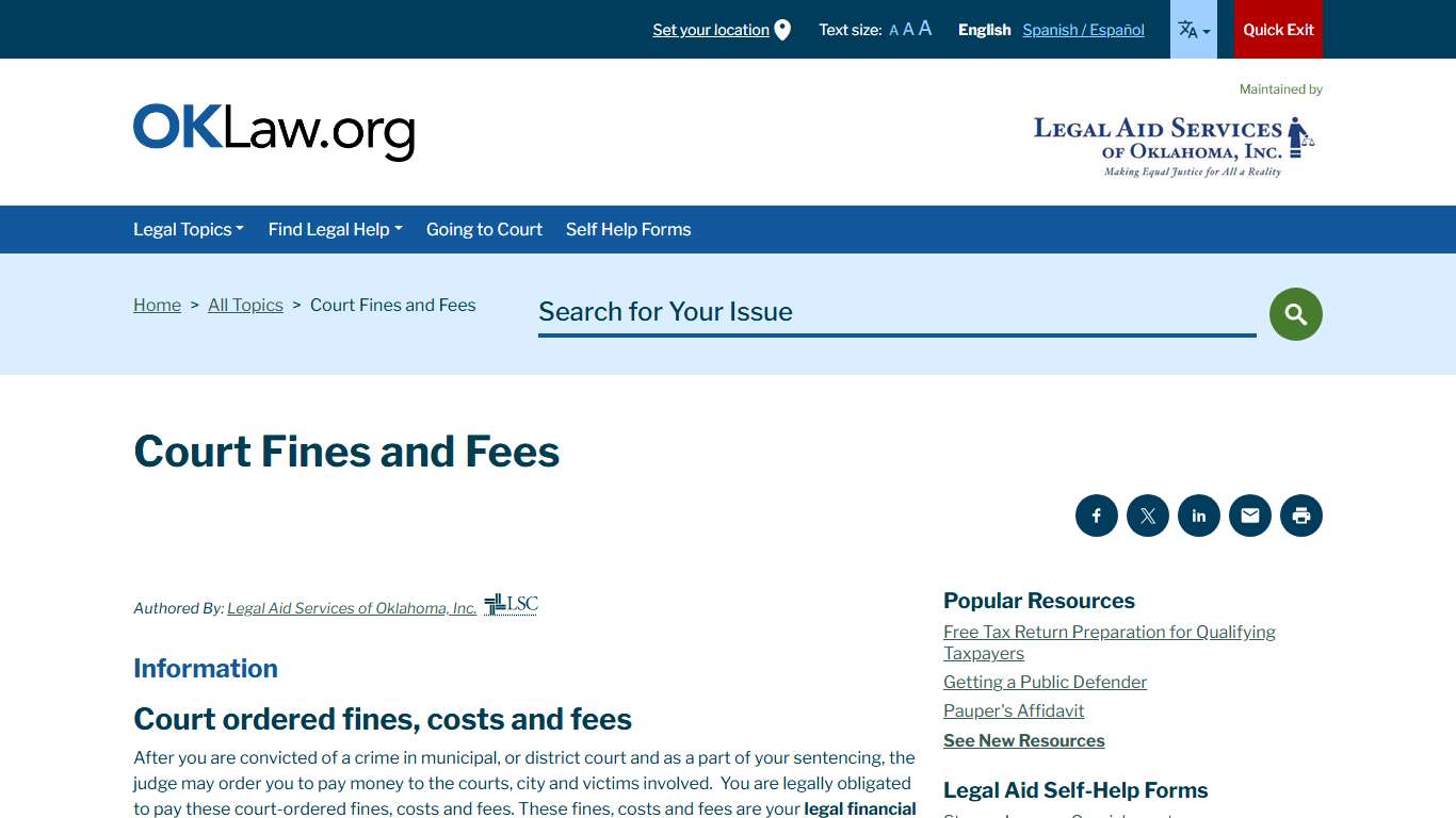 Court Fines and Fees | Welcome to Legal Aid Services of Oklahoma's guide to free legal help in Oklahoma.